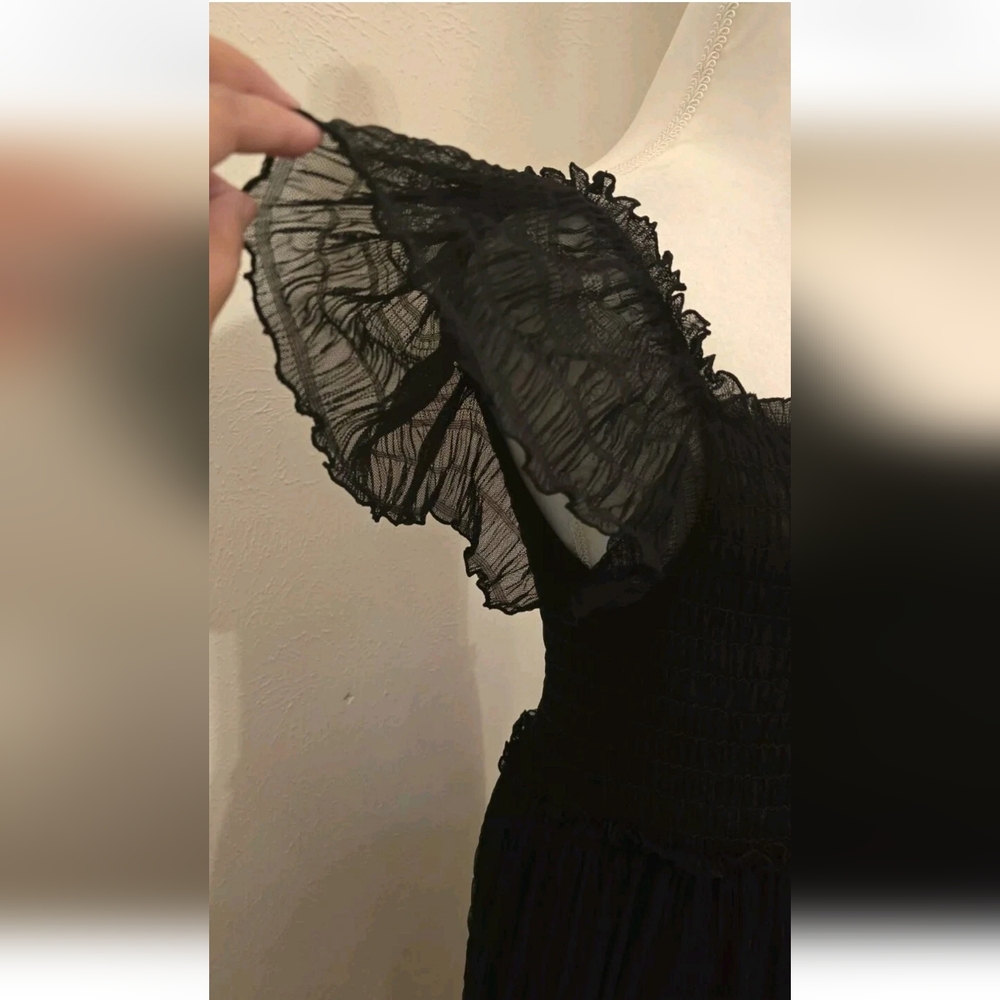Black Smocked Midi Dress Flutter Sleeve Romantic Whimsigoth Max Studio NWT - Picture 6 of 16